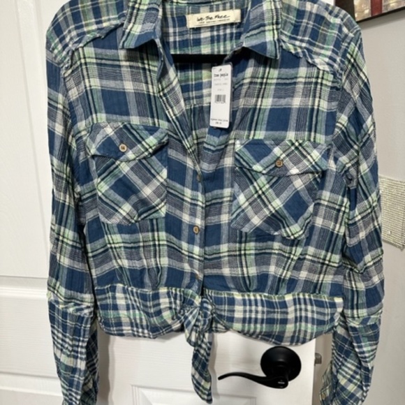 New Free People Plaid Chambray Combo Tie Front Top Cotton Blend size Large - Picture 3 of 3